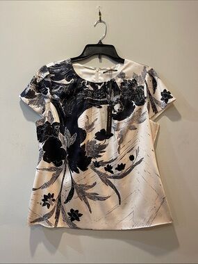 Elie Tahari Cream Satiny Top with Black Floral Print